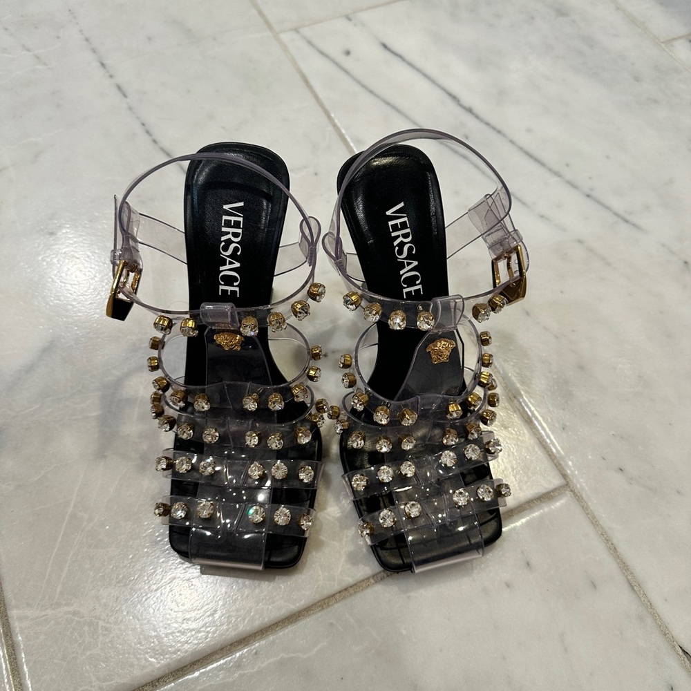 Versace Women's Clear and Gold Embellished Sandals